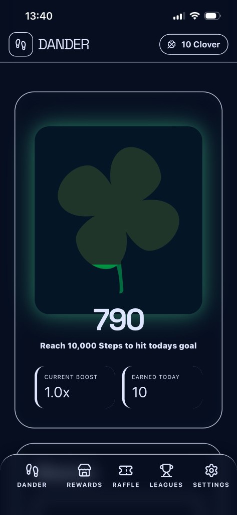 Dander app showing clover step progress, step count, and daily goal