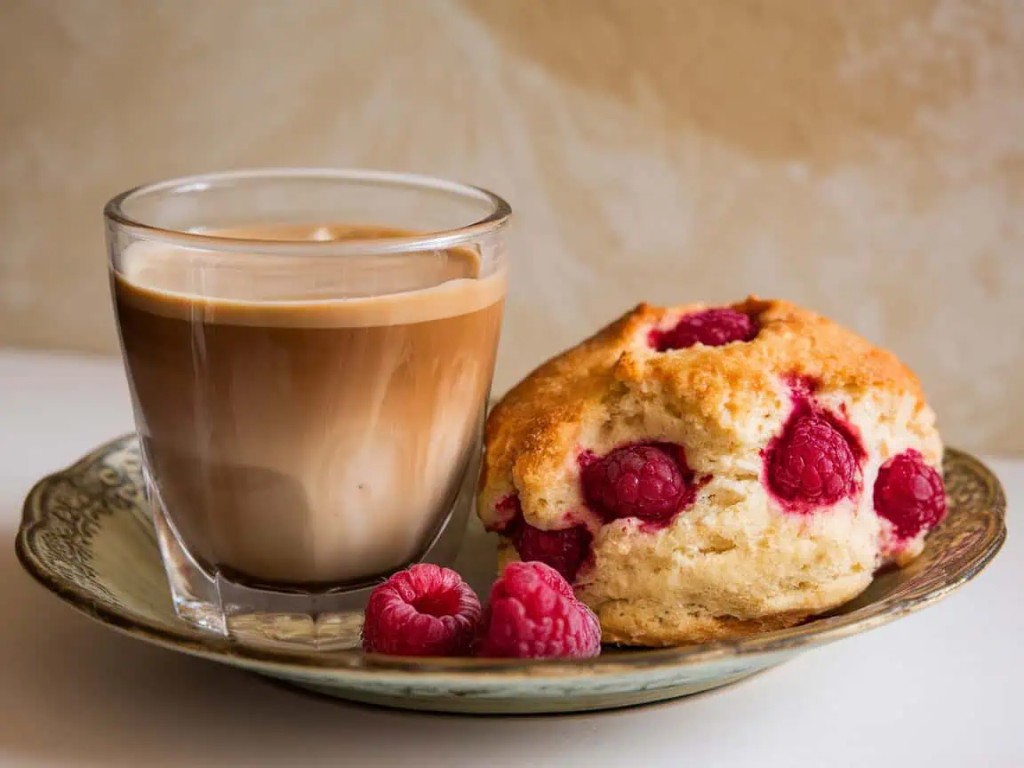 Coffee and raspberry scone on a plate